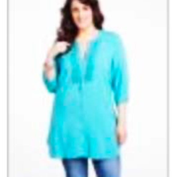 BLOUSE, TEXTURED, BUTTON DOWN TUNIC, ¾ SLEEVES, MERMAID BLUE, SZ 24, ADDITION EL - Picture 1 of 1